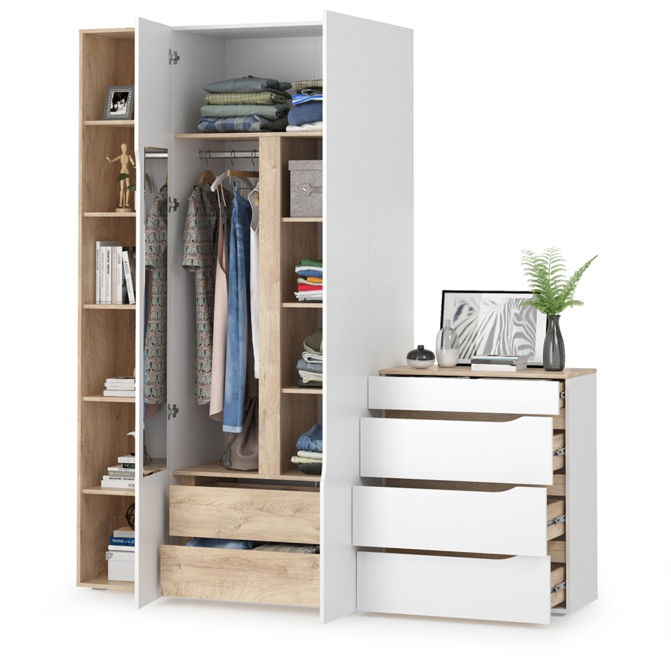 Муссон 13.198 Шкаф двухстворчатый + 13.349 Стеллаж + 13.97 Комод, цвет белый/дуб эндгрейн элегантный, ШхГхВ 204,6х52,3х229,8 см., НЕ универс. сборка