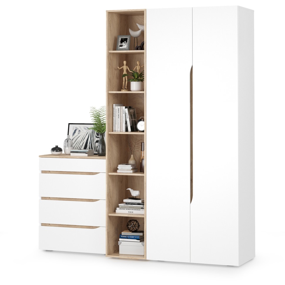Муссон 13.198 Шкаф двухстворчатый + 13.349 Стеллаж + 13.97 Комод, цвет белый/дуб эндгрейн элегантный, ШхГхВ 204,6х52,3х229,8 см., НЕ универс. сборка