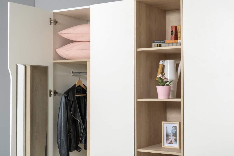 Муссон 13.198 Шкаф двухстворчатый + 13.349 Стеллаж + 13.97 Комод, цвет белый/дуб эндгрейн элегантный, ШхГхВ 204,6х52,3х229,8 см., НЕ универс. сборка