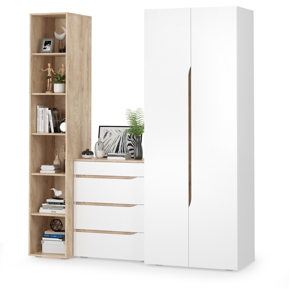 Муссон 13.198 Шкаф двухстворчатый + 13.349 Стеллаж + 13.97 Комод, цвет белый/дуб эндгрейн элегантный, ШхГхВ 204,6х52,3х229,8 см., НЕ универс. сборка