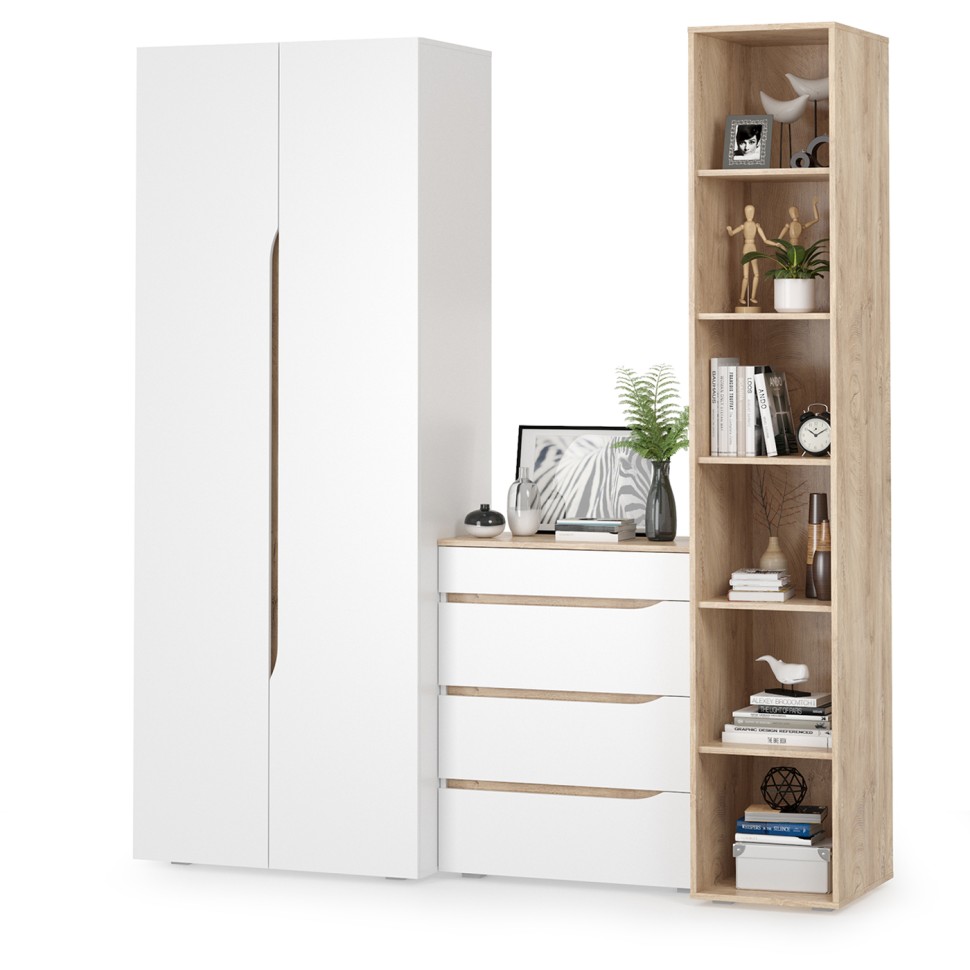 Муссон 13.198 Шкаф двухстворчатый + 13.349 Стеллаж + 13.97 Комод, цвет белый/дуб эндгрейн элегантный, ШхГхВ 204,6х52,3х229,8 см., НЕ универс. сборка