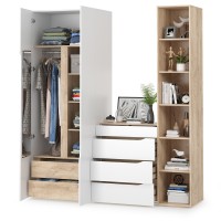 Муссон 13.198 Шкаф двухстворчатый + 13.349 Стеллаж + 13.97 Комод, цвет белый/дуб эндгрейн элегантный, ШхГхВ 204,6х52,3х229,8 см., НЕ универс. сборка