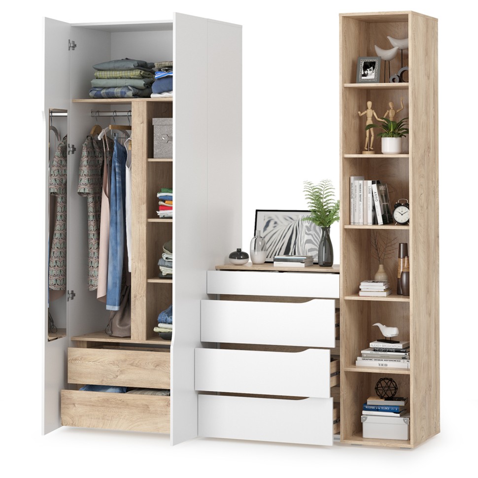 Муссон 13.198 Шкаф двухстворчатый + 13.349 Стеллаж + 13.97 Комод, цвет белый/дуб эндгрейн элегантный, ШхГхВ 204,6х52,3х229,8 см., НЕ универс. сборка