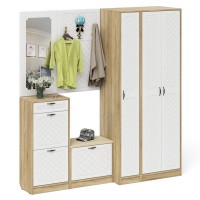 Прихожая П-6 Компоновка № 51, цвет дуб сонома/фасады МДФ белое дерево фрезеровка ромб, ШхГхВ 200х50х210 см., универсальная сборка