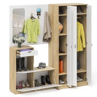 Прихожая П-6 Компоновка № 51, цвет дуб сонома/фасады МДФ белое дерево фрезеровка ромб, ШхГхВ 200х50х210 см., универсальная сборка