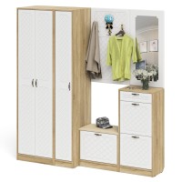 Прихожая П-6 Компоновка № 51, цвет дуб сонома/фасады МДФ белое дерево фрезеровка ромб, ШхГхВ 200х50х210 см., универсальная сборка