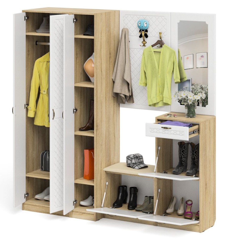 Прихожая П-6 Компоновка № 51, цвет дуб сонома/фасады МДФ белое дерево фрезеровка ромб, ШхГхВ 200х50х210 см., универсальная сборка