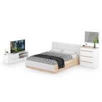 СНЯТО НСН Муссон Кровать 11.28 + под. ортопед + 13.97 + Зеркало СВК + Тумба ТВ 13.282, белый/дуб эндгрейн элегант/кожзам белый, 1600х2000 мм., б/м