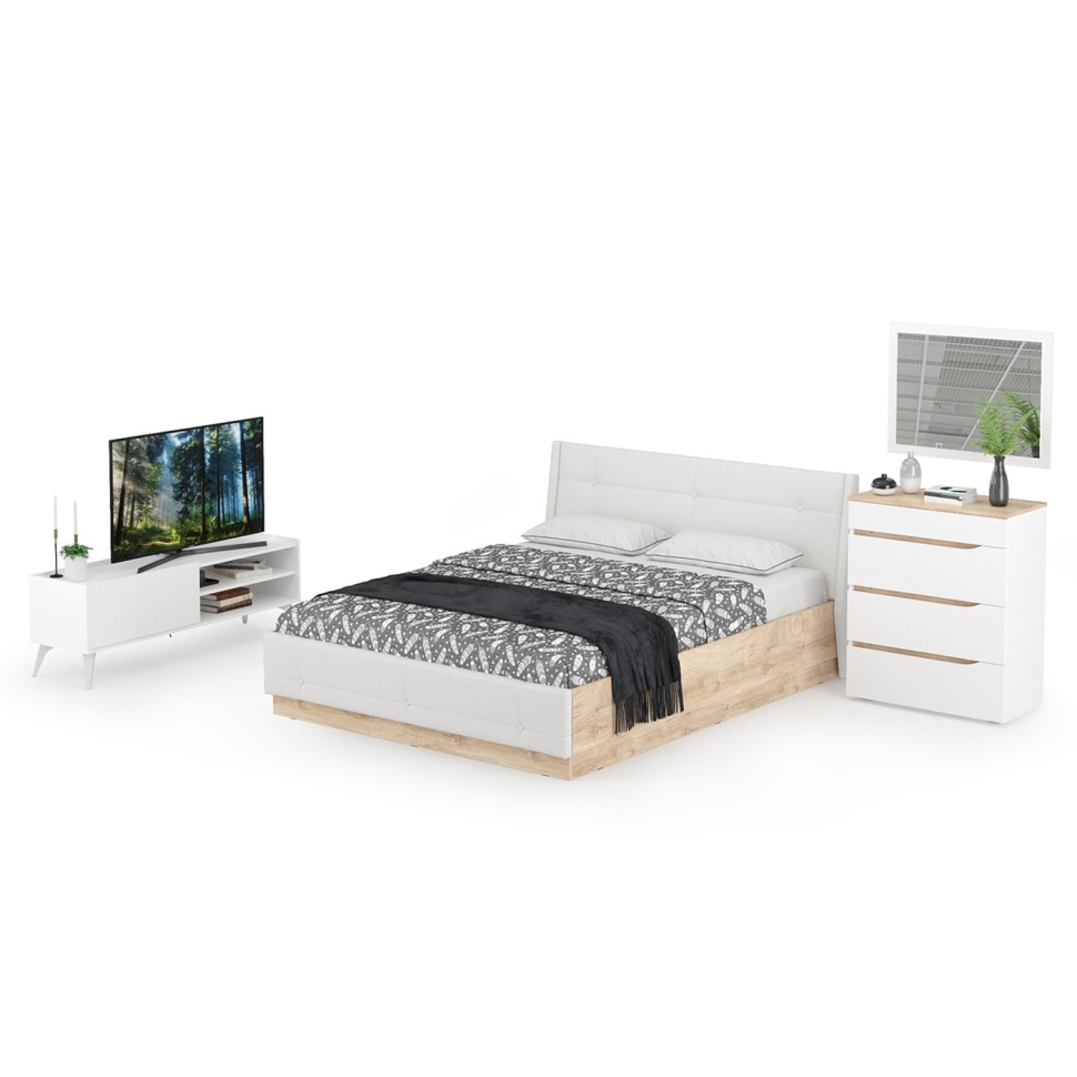 СНЯТО НСН Муссон Кровать 11.28 + под. ортопед + 13.97 + Зеркало СВК + Тумба ТВ 13.282, белый/дуб эндгрейн элегант/кожзам белый, 1600х2000 мм., б/м