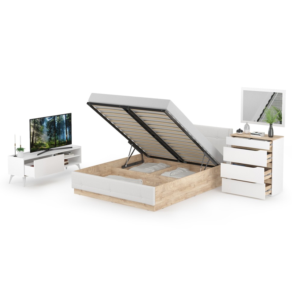 СНЯТО НСН Муссон Кровать 11.28 + под. ортопед + 13.97 + Зеркало СВК + Тумба ТВ 13.282, белый/дуб эндгрейн элегант/кожзам белый, 1600х2000 мм., б/м