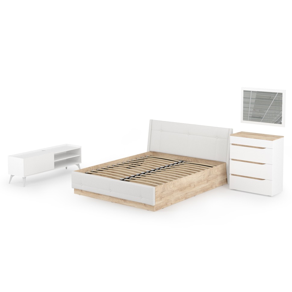 СНЯТО НСН Муссон Кровать 11.28 + под. ортопед + 13.97 + Зеркало СВК + Тумба ТВ 13.282, белый/дуб эндгрейн элегант/кожзам белый, 1600х2000 мм., б/м