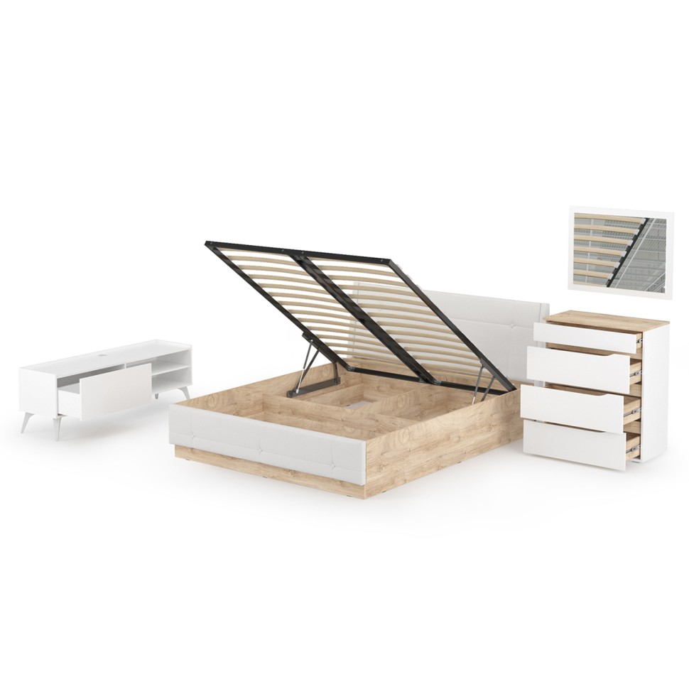 СНЯТО НСН Муссон Кровать 11.28 + под. ортопед + 13.97 + Зеркало СВК + Тумба ТВ 13.282, белый/дуб эндгрейн элегант/кожзам белый, 1600х2000 мм., б/м