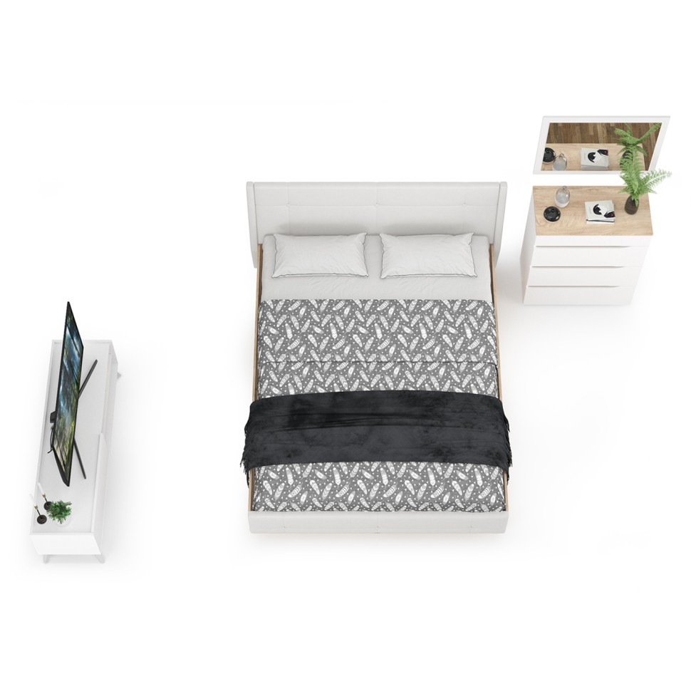 СНЯТО НСН Муссон Кровать 11.28 + под. ортопед + 13.97 + Зеркало СВК + Тумба ТВ 13.282, белый/дуб эндгрейн элегант/кожзам белый, 1600х2000 мм., б/м