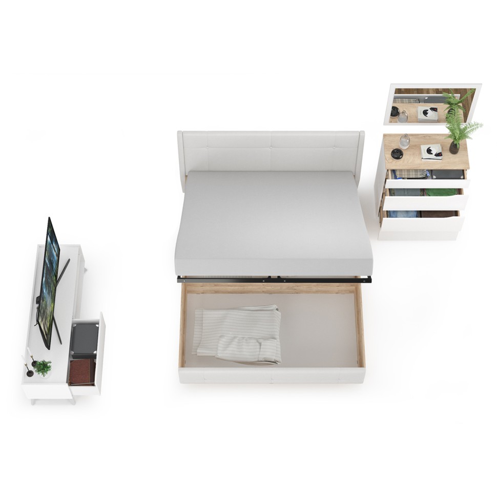 СНЯТО НСН Муссон Кровать 11.28 + под. ортопед + 13.97 + Зеркало СВК + Тумба ТВ 13.282, белый/дуб эндгрейн элегант/кожзам белый, 1600х2000 мм., б/м