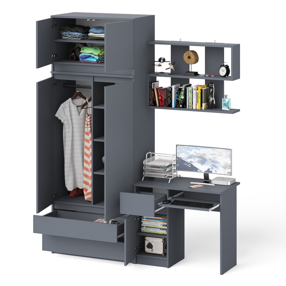 Мори Стол компьютерный МС-1 левый + Шкаф МШ900.1 + Антресоль МА900.1 + Полка 900, цвет графит, ШхГхВ 180,4х50,4х234,2 см., НЕ универс. сб.