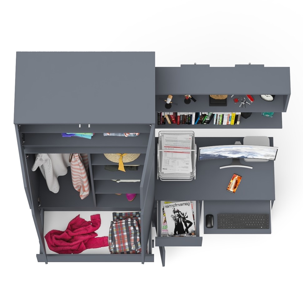 Мори Стол компьютерный МС-1 левый + Шкаф МШ900.1 + Антресоль МА900.1 + Полка 900, цвет графит, ШхГхВ 180,4х50,4х234,2 см., НЕ универс. сб.