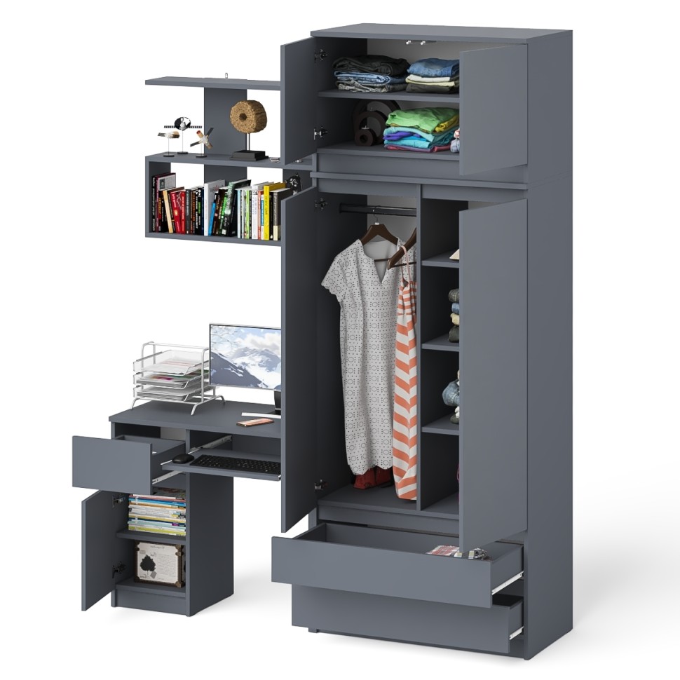 Мори Стол компьютерный МС-1 левый + Шкаф МШ900.1 + Антресоль МА900.1 + Полка 900, цвет графит, ШхГхВ 180,4х50,4х234,2 см., НЕ универс. сб.