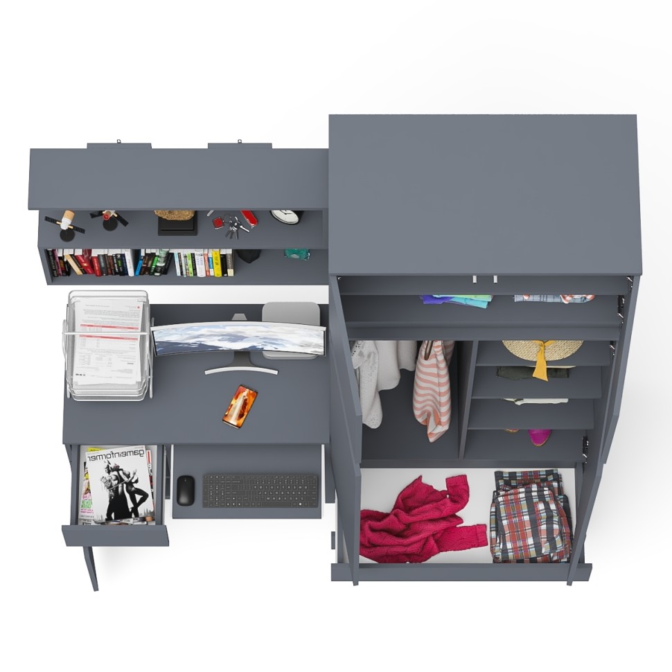 Мори Стол компьютерный МС-1 левый + Шкаф МШ900.1 + Антресоль МА900.1 + Полка 900, цвет графит, ШхГхВ 180,4х50,4х234,2 см., НЕ универс. сб.