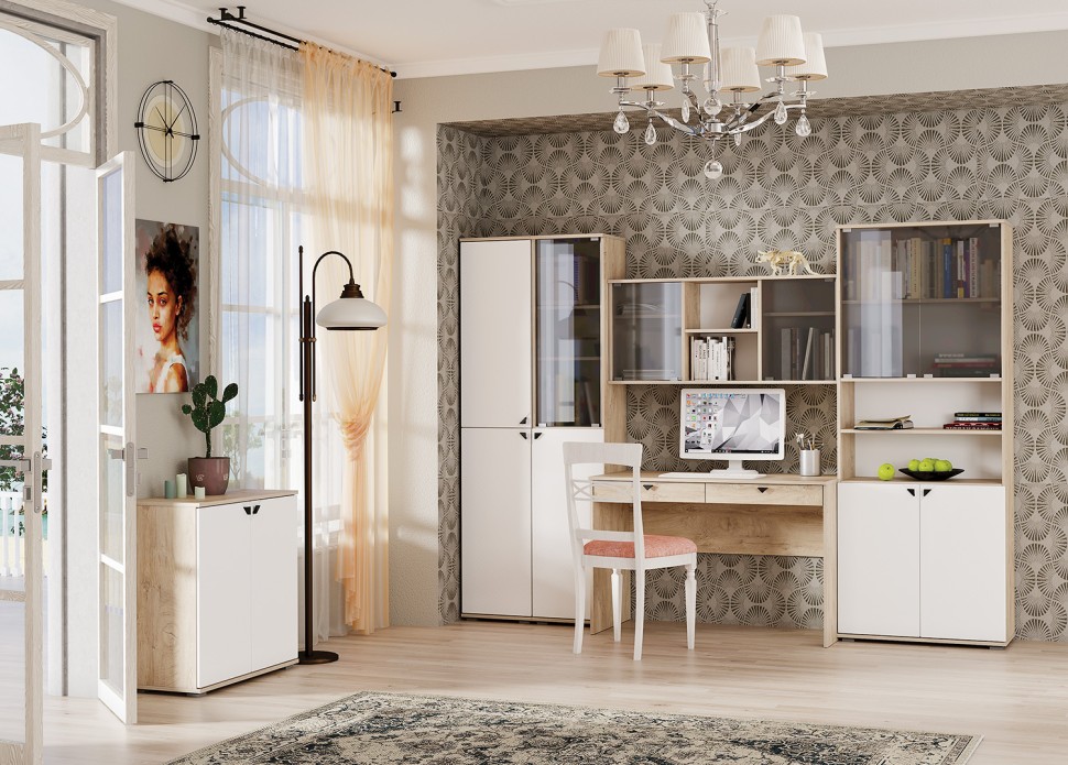 КР100 Бостон 13.156 Шкаф, цвет дуб эндгрейн элегантный/фасады МДФ милк рикамо софт, ШхГхВ 76,8х35,1х194,4 см.