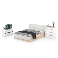 СНЯТО Муссон Кровать 11.28 + под. ортопед + Комод 13.97 + Тумба ТВ 13.277, цвет белый/чёрный/дуб эндгрейн элегантный/кожзам белый, 1600х2000 мм., б/м