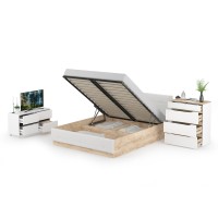 СНЯТО Муссон Кровать 11.28 + под. ортопед + Комод 13.97 + Тумба ТВ 13.277, цвет белый/чёрный/дуб эндгрейн элегантный/кожзам белый, 1600х2000 мм., б/м