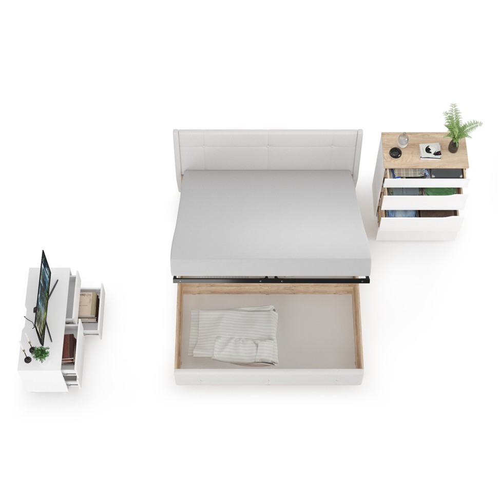 СНЯТО Муссон Кровать 11.28 + под. ортопед + Комод 13.97 + Тумба ТВ 13.277, цвет белый/чёрный/дуб эндгрейн элегантный/кожзам белый, 1600х2000 мм., б/м