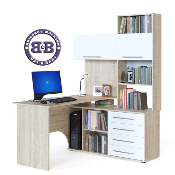 Стол компьютерный Сокол КСТ-14П правый, цвет дуб сонома/белый, ШхГхВ 140х124х183 см., выдвижные ящики справа, стол с тумбой и надстройкой