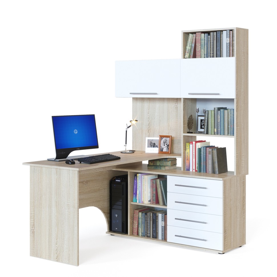 Стол компьютерный Сокол КСТ-14П правый, цвет дуб сонома/белый, ШхГхВ 140х124х183 см., выдвижные ящики справа, стол с тумбой и надстройкой