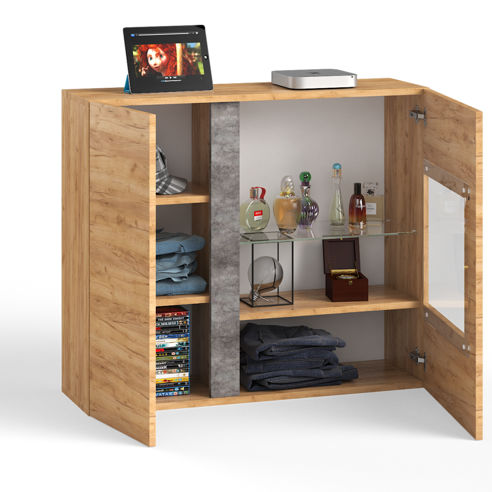 СНЯТО НСН Арчи Шкаф навесной 10.60, цвет дуб крафт золотой/камень тёмный, ШхГхВ 96,4х30,1х82 см., подсветка за стеклом по торцу полки, ун. сборка