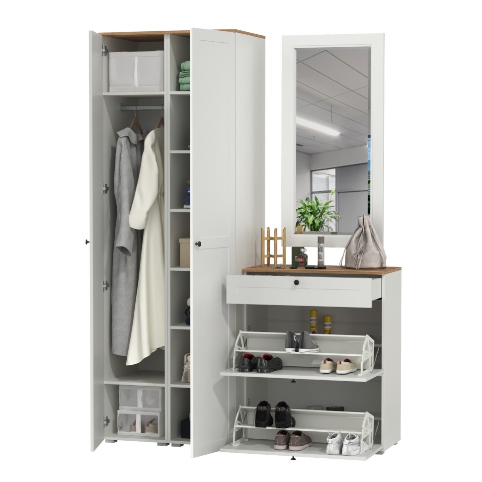 Остин Прихожая 34, цвет белый шагрень/дуб крафт золотой, ШхГхВ 160х54,3х229,6 см., универсальная сборка