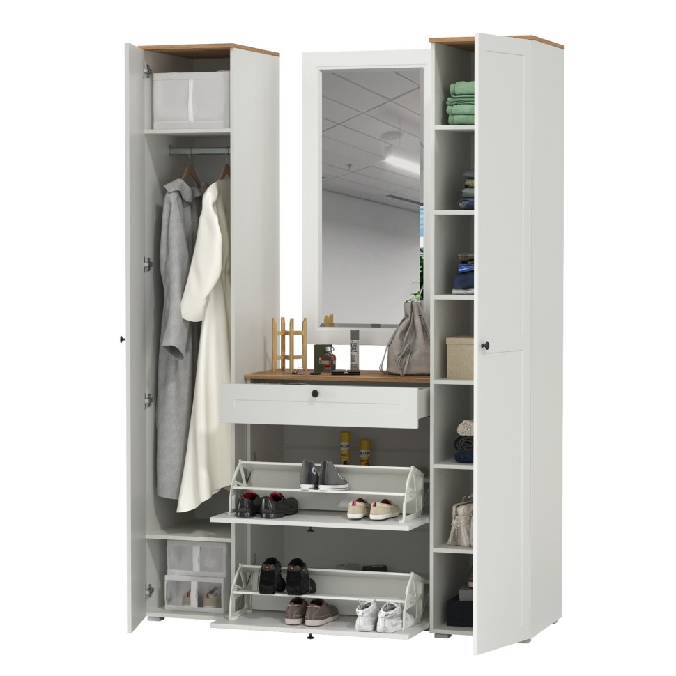 Остин Прихожая 34, цвет белый шагрень/дуб крафт золотой, ШхГхВ 160х54,3х229,6 см., универсальная сборка