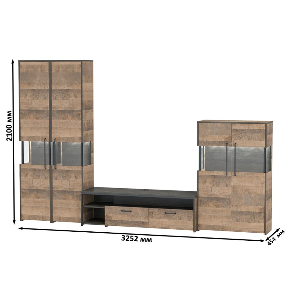 Трувор Гостиная 040, цвет дуб гранж песочный/интра, ШхГхВ 325,2х45,4х210 см., универсальная сборка