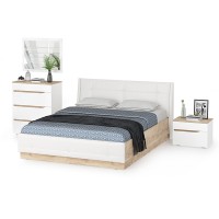 Муссон Кровать 11.28 + подъёмный ортопед + Тумба 16.03 + Комод 13.97 + Зеркало СВК, цвет белый/дуб эндгрейн элегантный/кожзам белый, 1600х2000 мм, б/м