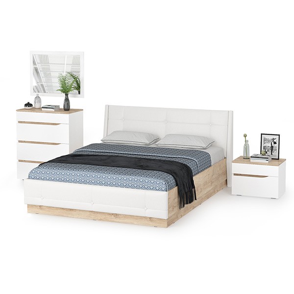 Муссон Кровать 11.28 + подъёмный ортопед + Тумба 16.03 + Комод 13.97 + Зеркало СВК, цвет белый/дуб эндгрейн элегантный/кожзам белый, 1600х2000 мм, б/м