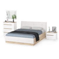Муссон Кровать 11.28 + подъёмный ортопед + Тумба 16.03 + Комод 13.97 + Зеркало СВК, цвет белый/дуб эндгрейн элегантный/кожзам белый, 1600х2000 мм, б/м