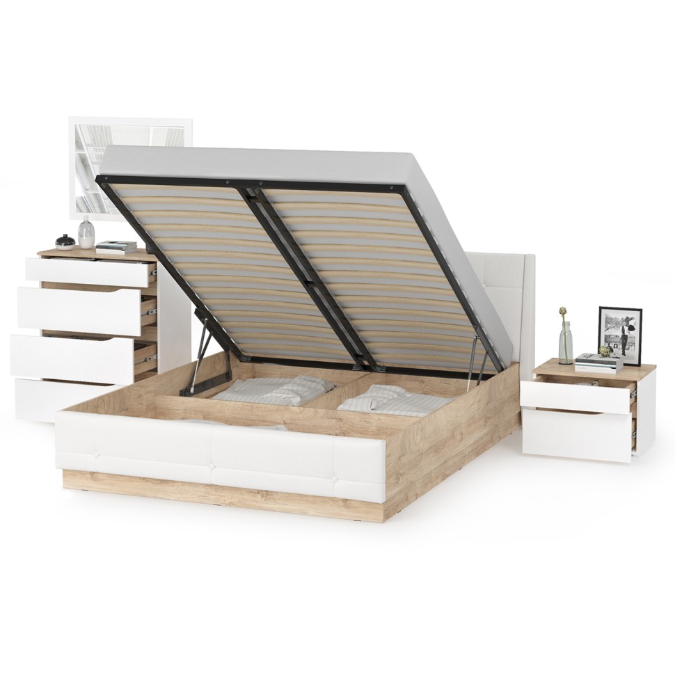 Муссон Кровать 11.28 + подъёмный ортопед + Тумба 16.03 + Комод 13.97 + Зеркало СВК, цвет белый/дуб эндгрейн элегантный/кожзам белый, 1600х2000 мм, б/м