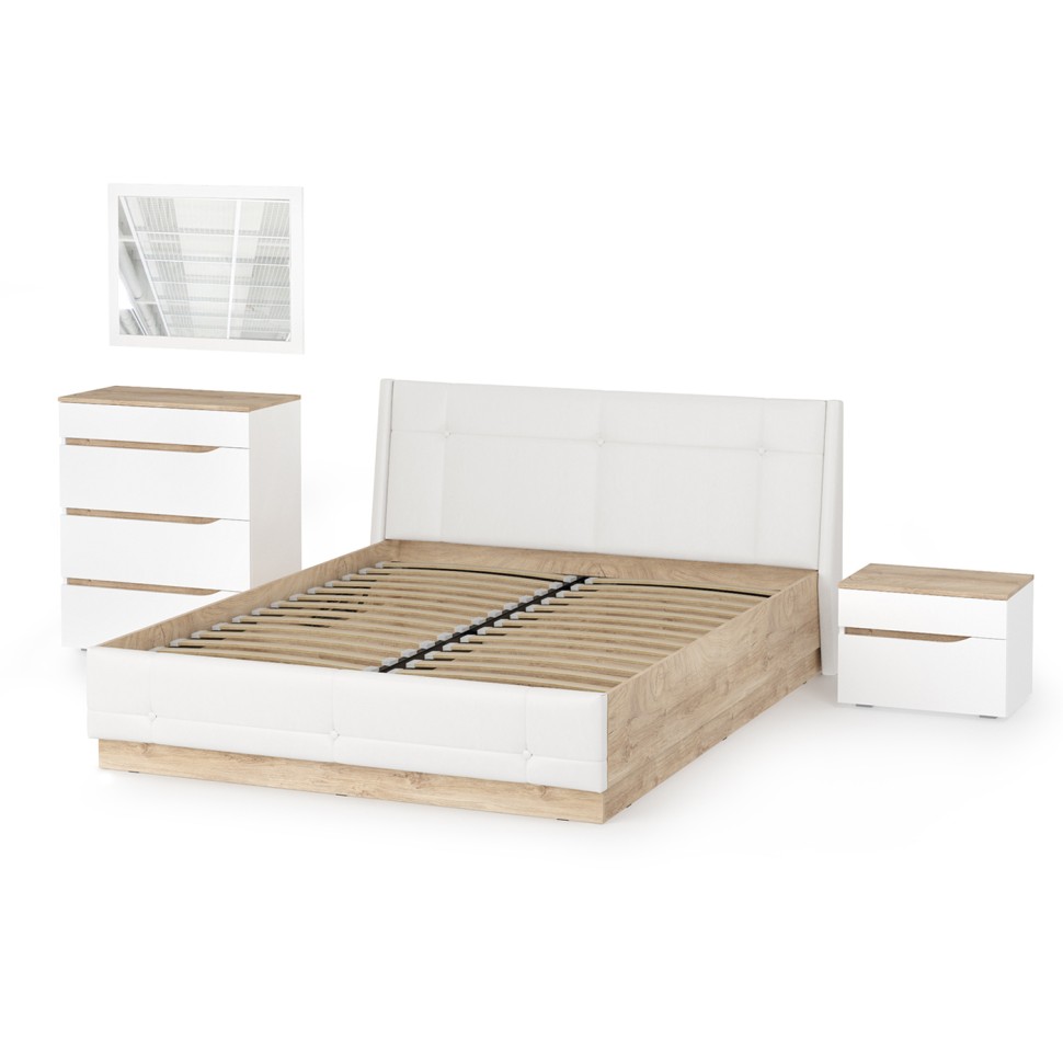 Муссон Кровать 11.28 + подъёмный ортопед + Тумба 16.03 + Комод 13.97 + Зеркало СВК, цвет белый/дуб эндгрейн элегантный/кожзам белый, 1600х2000 мм, б/м