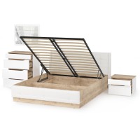 Муссон Кровать 11.28 + подъёмный ортопед + Тумба 16.03 + Комод 13.97 + Зеркало СВК, цвет белый/дуб эндгрейн элегантный/кожзам белый, 1600х2000 мм, б/м