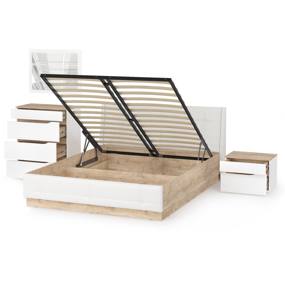 Муссон Кровать 11.28 + подъёмный ортопед + Тумба 16.03 + Комод 13.97 + Зеркало СВК, цвет белый/дуб эндгрейн элегантный/кожзам белый, 1600х2000 мм, б/м