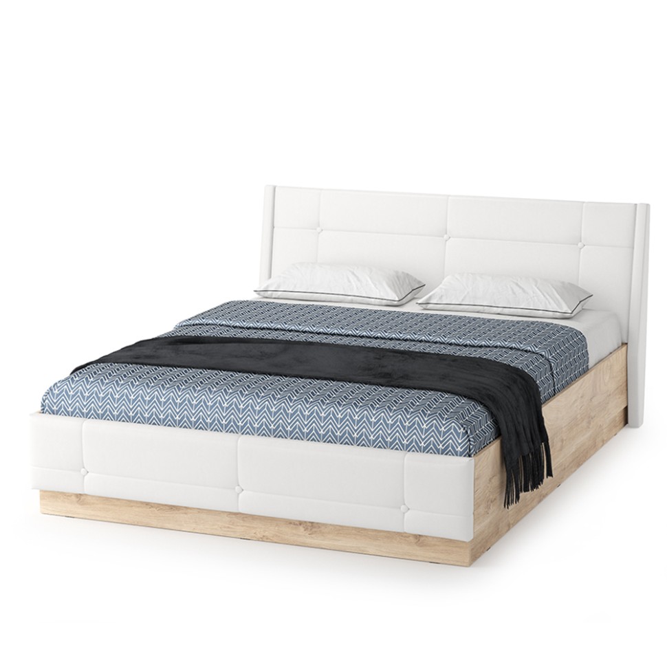 Муссон Кровать 11.28 + подъёмный ортопед + Тумба 16.03 + Комод 13.97 + Зеркало СВК, цвет белый/дуб эндгрейн элегантный/кожзам белый, 1600х2000 мм, б/м