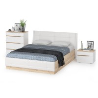 Муссон Кровать 11.28 + подъёмный ортопед + Тумба 16.03 + Комод 13.97, цвет белый/дуб эндгрейн элегантный/кожзам белый, сп. м. 1600х2000 мм., б/м