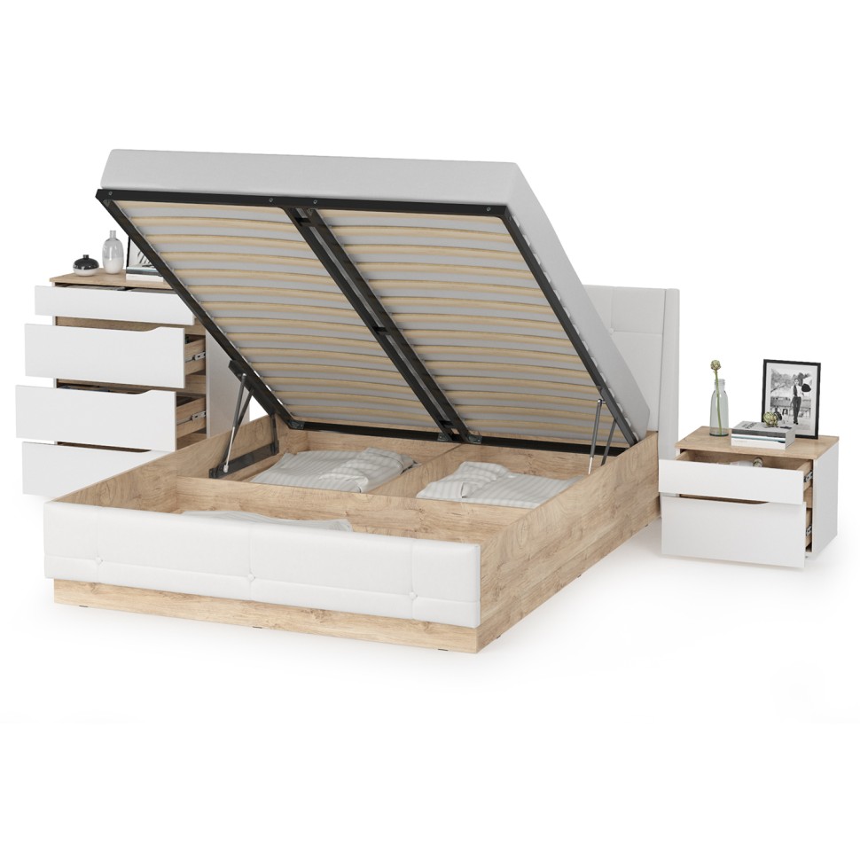 Муссон Кровать 11.28 + подъёмный ортопед + Тумба 16.03 + Комод 13.97, цвет белый/дуб эндгрейн элегантный/кожзам белый, сп. м. 1600х2000 мм., б/м