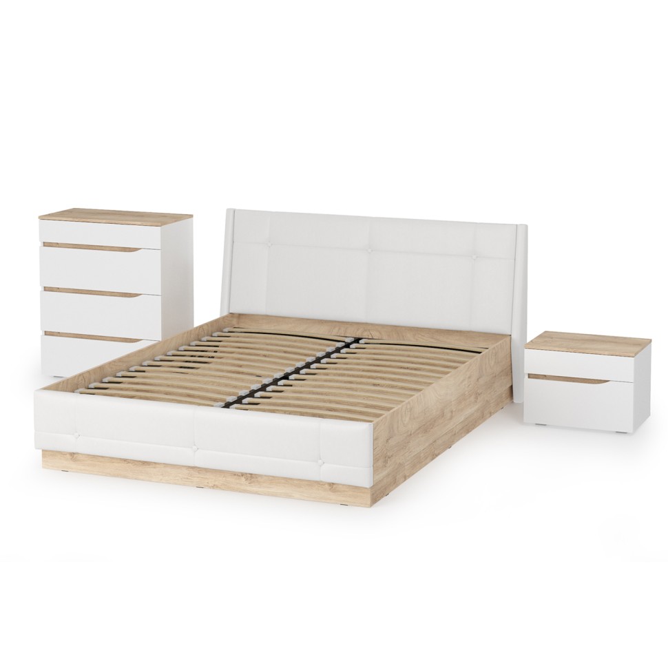 Муссон Кровать 11.28 + подъёмный ортопед + Тумба 16.03 + Комод 13.97, цвет белый/дуб эндгрейн элегантный/кожзам белый, сп. м. 1600х2000 мм., б/м