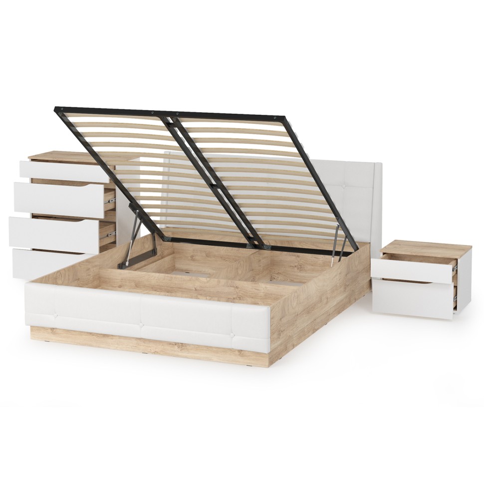 Муссон Кровать 11.28 + подъёмный ортопед + Тумба 16.03 + Комод 13.97, цвет белый/дуб эндгрейн элегантный/кожзам белый, сп. м. 1600х2000 мм., б/м