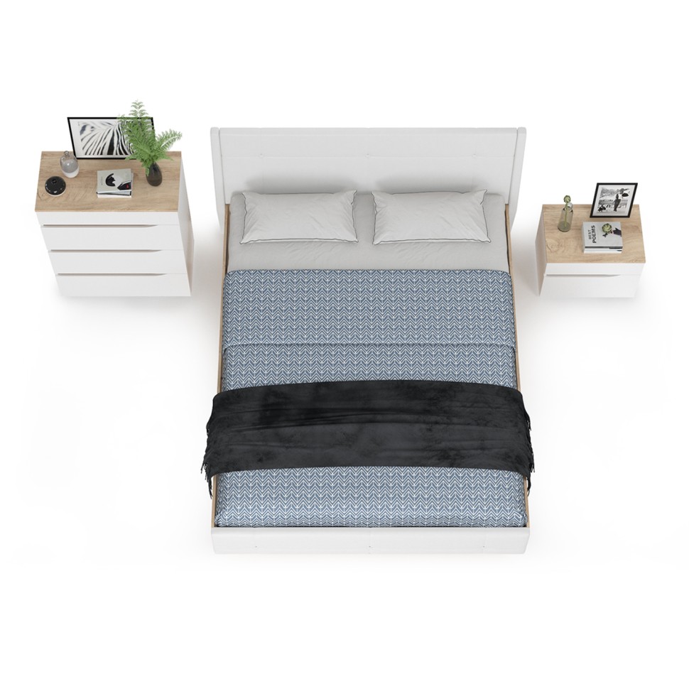 Муссон Кровать 11.28 + подъёмный ортопед + Тумба 16.03 + Комод 13.97, цвет белый/дуб эндгрейн элегантный/кожзам белый, сп. м. 1600х2000 мм., б/м