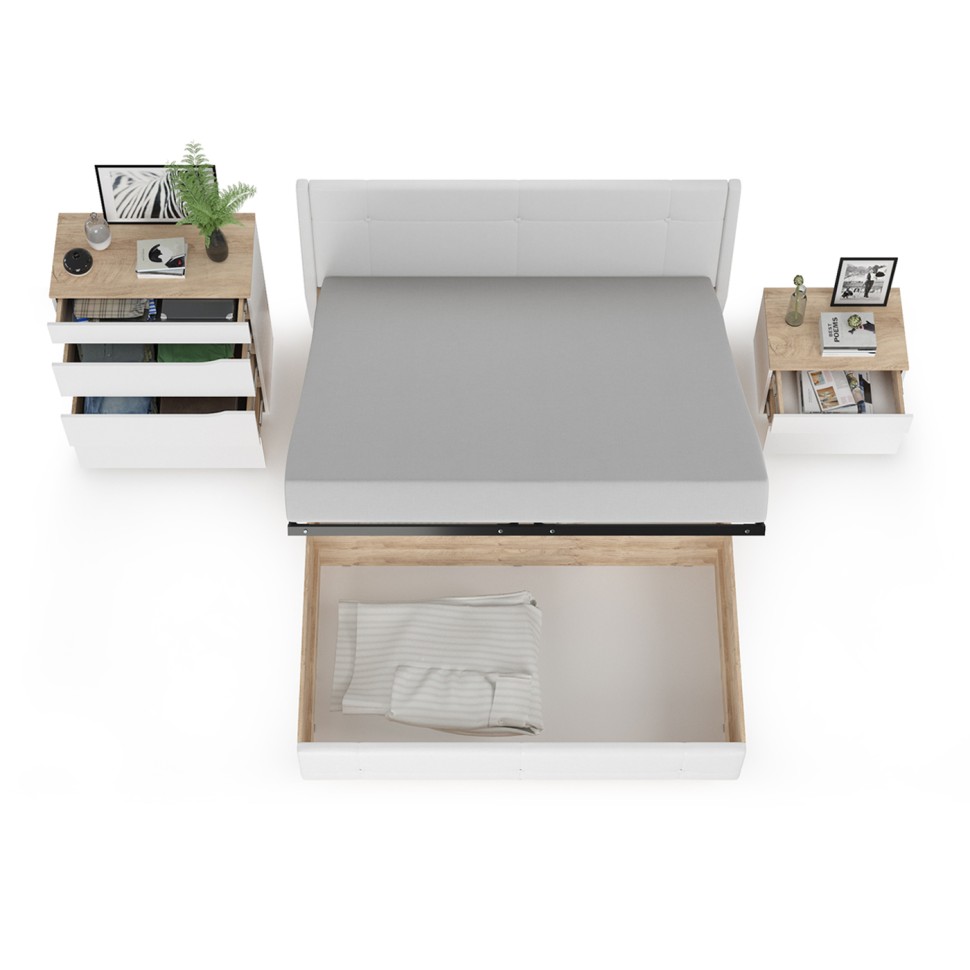 Муссон Кровать 11.28 + подъёмный ортопед + Тумба 16.03 + Комод 13.97, цвет белый/дуб эндгрейн элегантный/кожзам белый, сп. м. 1600х2000 мм., б/м