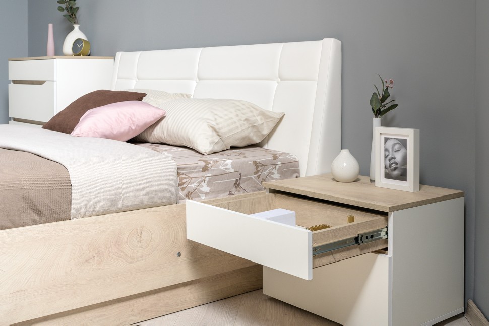 Муссон Кровать 11.28 + подъёмный ортопед + Тумба 16.03 + Комод 13.97, цвет белый/дуб эндгрейн элегантный/кожзам белый, сп. м. 1600х2000 мм., б/м