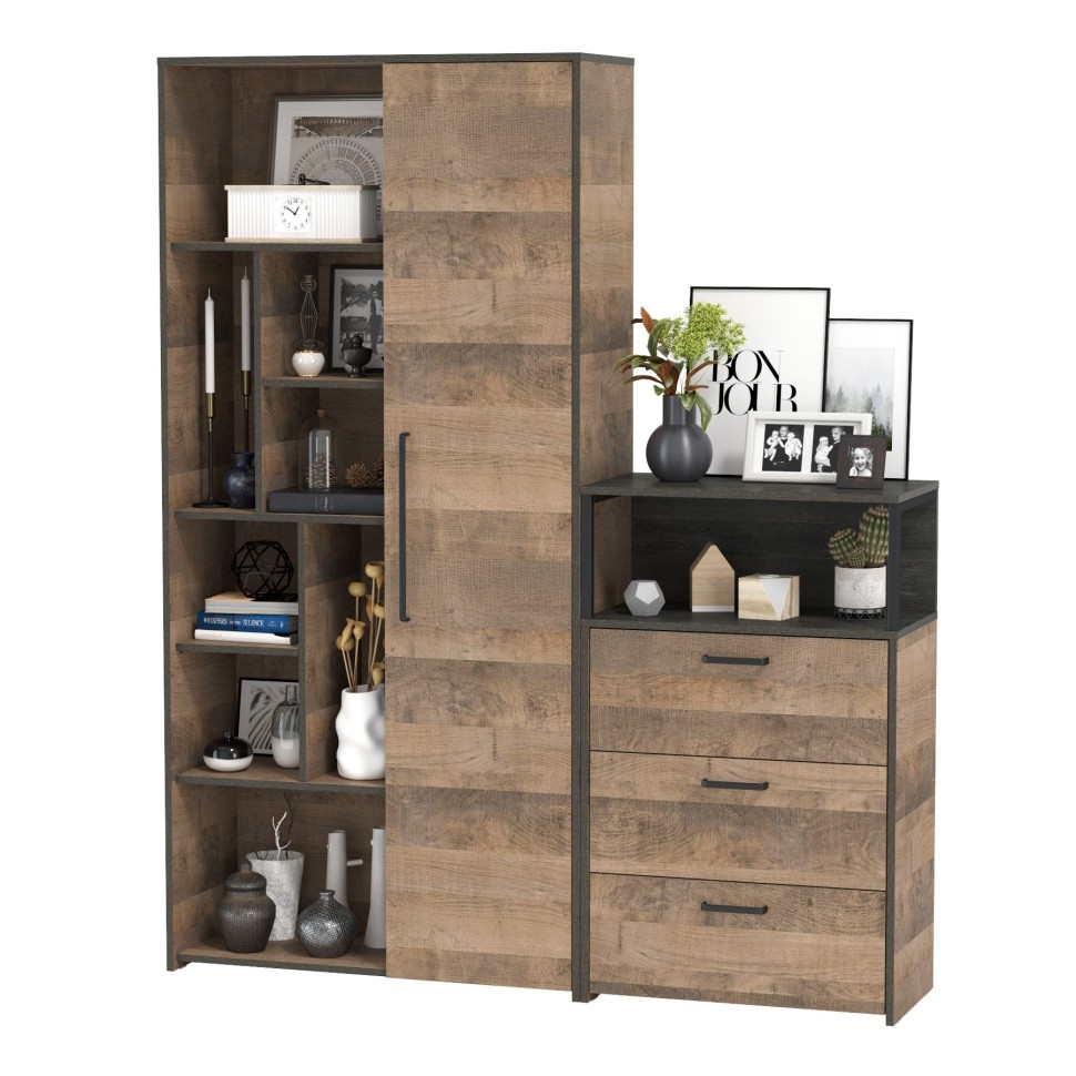 Трувор 13.206 Шкаф-стеллаж + 13.307.02 Комод с ящиками, цвет дуб гранж песочный/интра, ШхГхВ 159х37х194,2 см., универсальная сборка