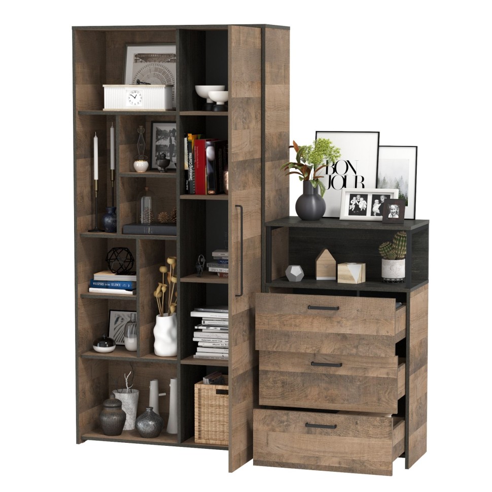 Трувор 13.206 Шкаф-стеллаж + 13.307.02 Комод с ящиками, цвет дуб гранж песочный/интра, ШхГхВ 159х37х194,2 см., универсальная сборка