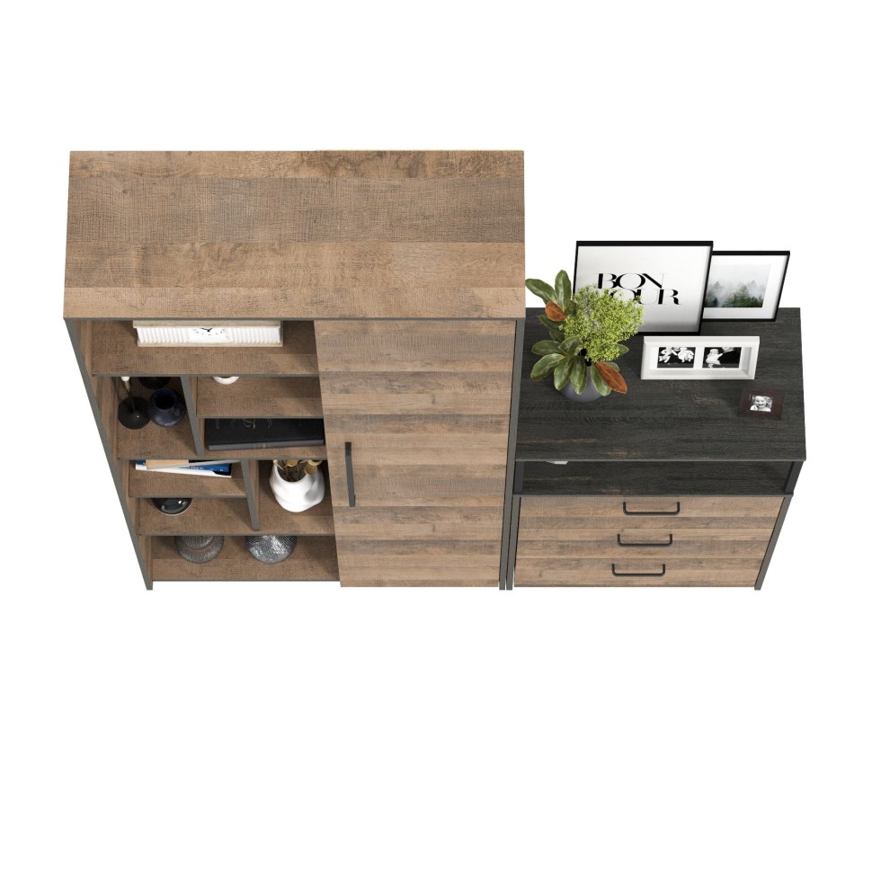 Трувор 13.206 Шкаф-стеллаж + 13.307.02 Комод с ящиками, цвет дуб гранж песочный/интра, ШхГхВ 159х37х194,2 см., универсальная сборка